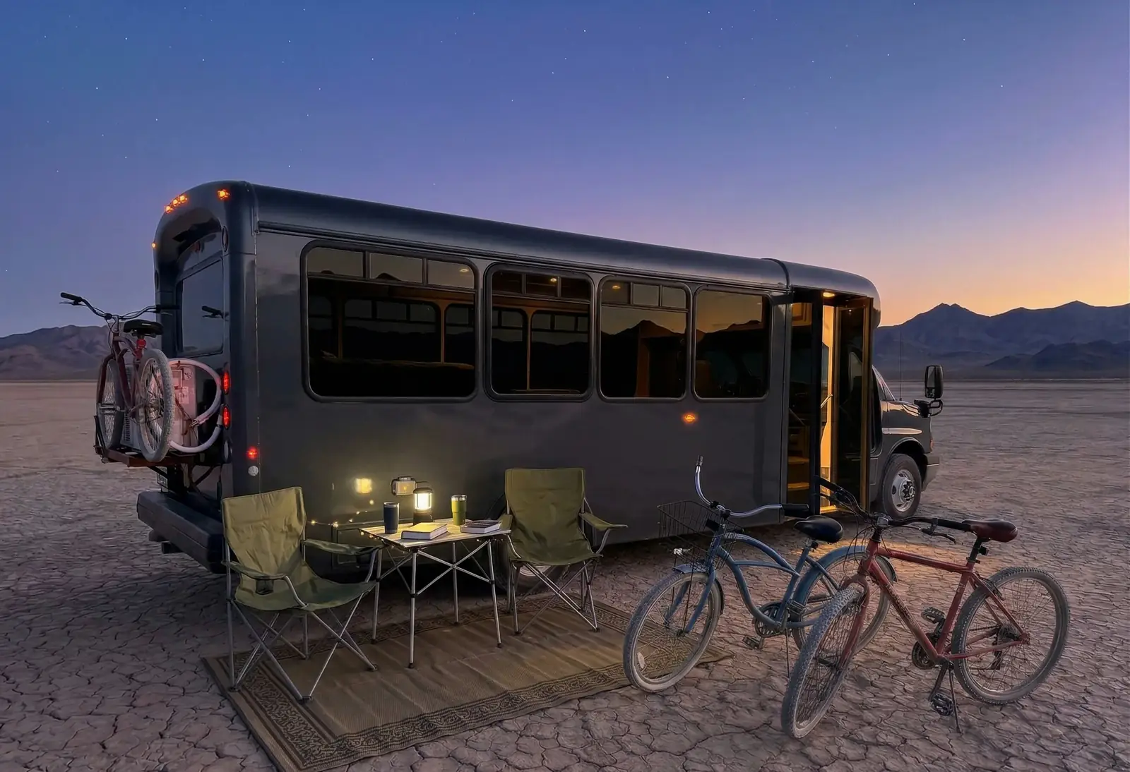 GiGi 40ft Transit Bus RV Conversion in Desert Camp Mode